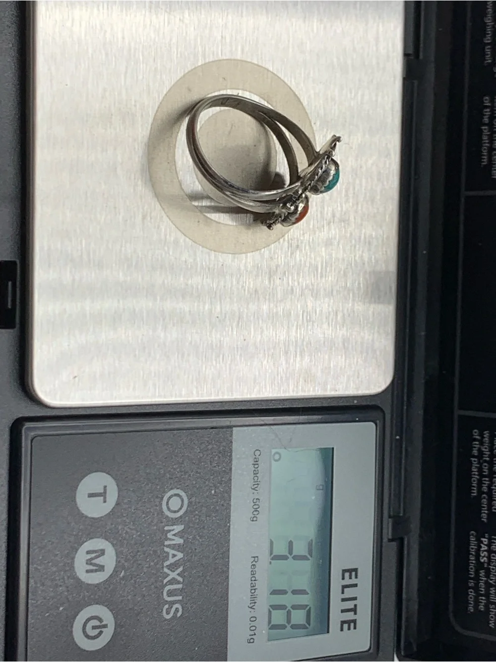 VTG Signed D. PAUL Navajo 925 Silver Turquoise Coral Bypass Ring 7.5